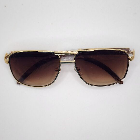 Sunglasses Gold Frame Aviator Plastic Wood Grain-Like Arms Retro Tinted Lens - Picture 1 of 6